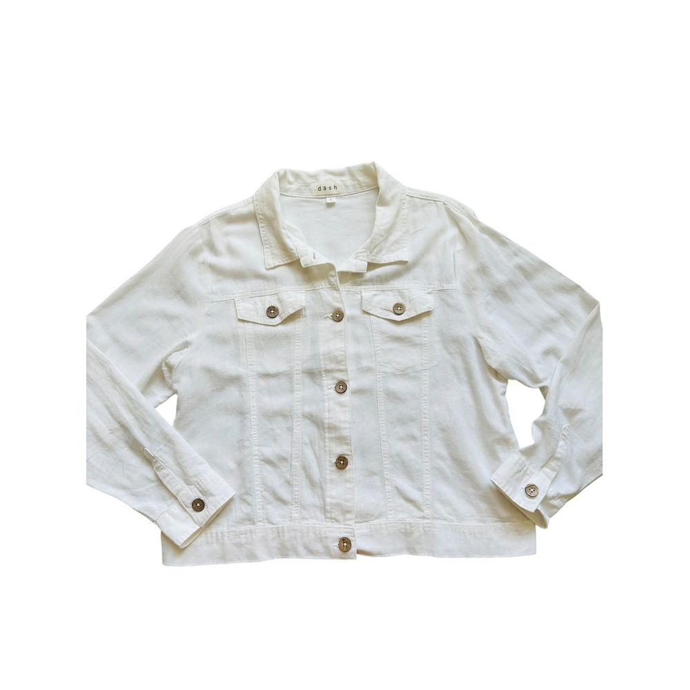 Minimalist da-sh White Linen Blend Button Up Trucker Jacket Size L Coastal Boho
